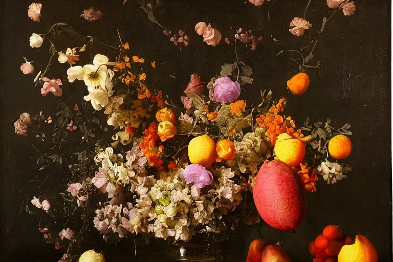 Image similar to still life in space, with flowers and fruit, in the style of the dutch masters, dark and moody