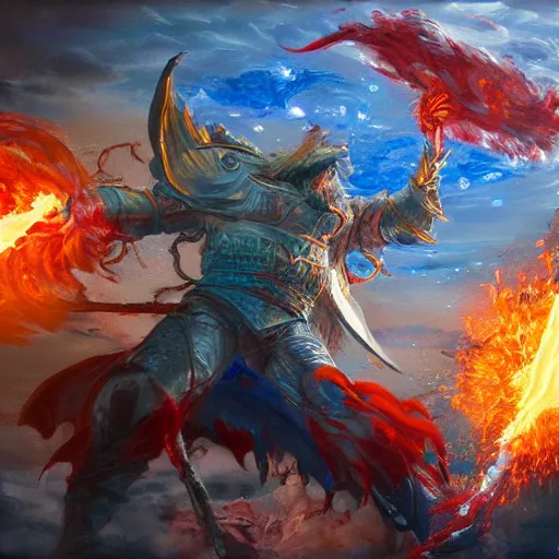 Image similar to Highly detailed oil painting, concept art, of a wizard casting a fireball spell, fighting against a huge ice giant, red and blue color scheme, concept art, highly detailed.