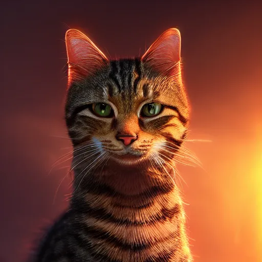 Image similar to tabby cat, golden hour, fantasy, sharp focus, digital art, hyper realistic, 4 k, unreal engine, highly detailed, hd, dramatic lighting by brom, trending on artstation, ( super saiyan goku )