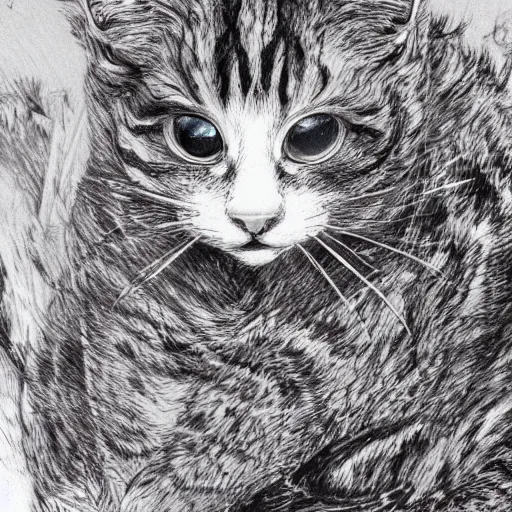 Image similar to yoshitaka amano illustration of a cat, highly detailed, 4 k