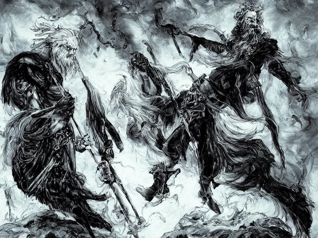 Prompt: Odin the wanderer, neo-romanticism, norse mythology
