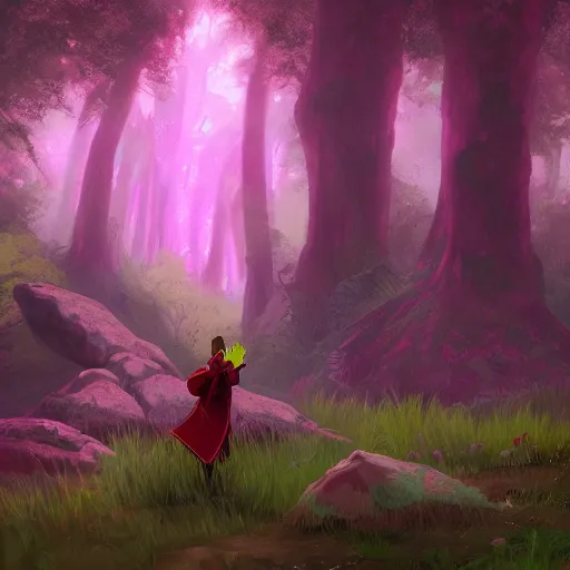 Image similar to concept art painting of an anthropomorphic humanoid lizard wearing magenta wizard robes, in the deep forest, realistic, detailed, cel shaded, in the style of makoto shinkai and greg rutkowski and james gurney