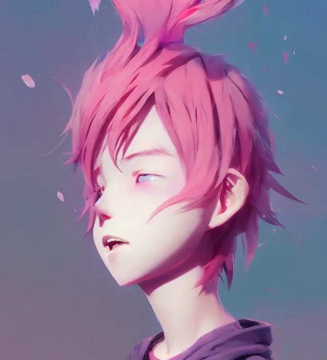 Image similar to a beautiful portrait of a cute anime boy with pink hair wearing a hoodie. character design by cory loftis, fenghua zhong, ryohei hase, ismail inceoglu and ruan jia. artstation, volumetric light, detailed, photorealistic, rendered in octane