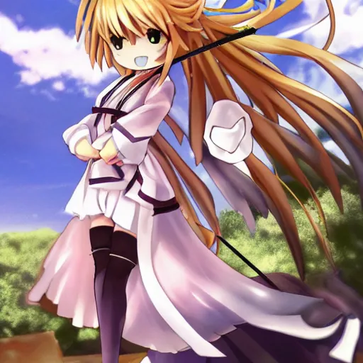 Image similar to marisa from touhou with staff stands on a cliff, anime