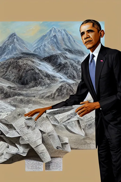 Image similar to obama standing next to a mountain made of papers, oil on canvas, intricate, portrait, 8 k, detailed, hdr, cgsociety