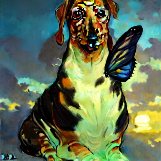 Prompt: portrait of a translucent dachshund with butterfly wings, high contrast dappled lighting, refracted sunset, highly detailed, concept art, art by collier, albert aublet, krenz cushart, artem demura, alphonse mucha