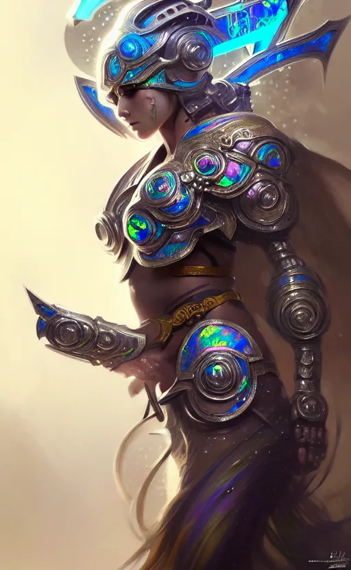 Image similar to iridescent opal cyborg shinobi warrior, intricate ornate details, morandi color scheme, hd, illustratio, splash art, fantasy, elegant, highly detailed, wide angle, digital painting, artstation, concept art, smooth, sharp focus, illustration, wallpaper, art by artgerm and greg rutkowski and alphonse mucha and jin xiaodi