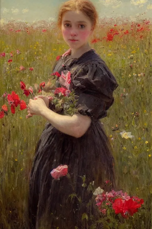 Image similar to Solomon Joseph Solomon and Richard Schmid and Jeremy Lipking victorian genre painting portrait painting of a young cottagecore girl in an open field of flowers, red background