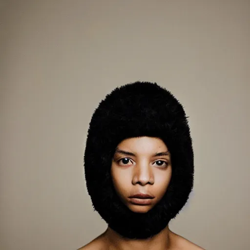 Image similar to realistic! photoshoot for a new balenciaga lookbook, color film photography, portrait of a beautiful woman wearing a balaclava mask, photo in style of tyler mitchell, fisheye lens