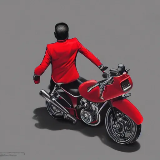 Image similar to isometric view of a man with a red jacket from behind. a red futuristic racing motorbike in front of the man. pencil drawing, panoramic view, wide angle, photo realistic, hyper realistic, dynamic lighting, cyberpunk, ultra detailed, sharp focus, digital illustration, concept art trending on artstation