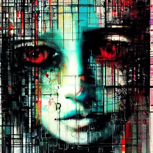 Prompt: portrait of a hooded beautiful women, mysterious, glitch effects over the eyes, shadows, by Guy Denning, by Johannes Itten, by Russ Mills, glitch art, hacking effects, chromatic, cyberpunk, color blocking, oil on canvas, concept art, abstract