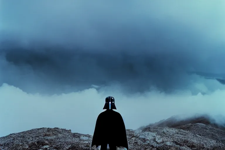 Prompt: darth vader on top of a tall mountain, blue fog, tornadoes surrounding, film photography, soft lighting, vignette