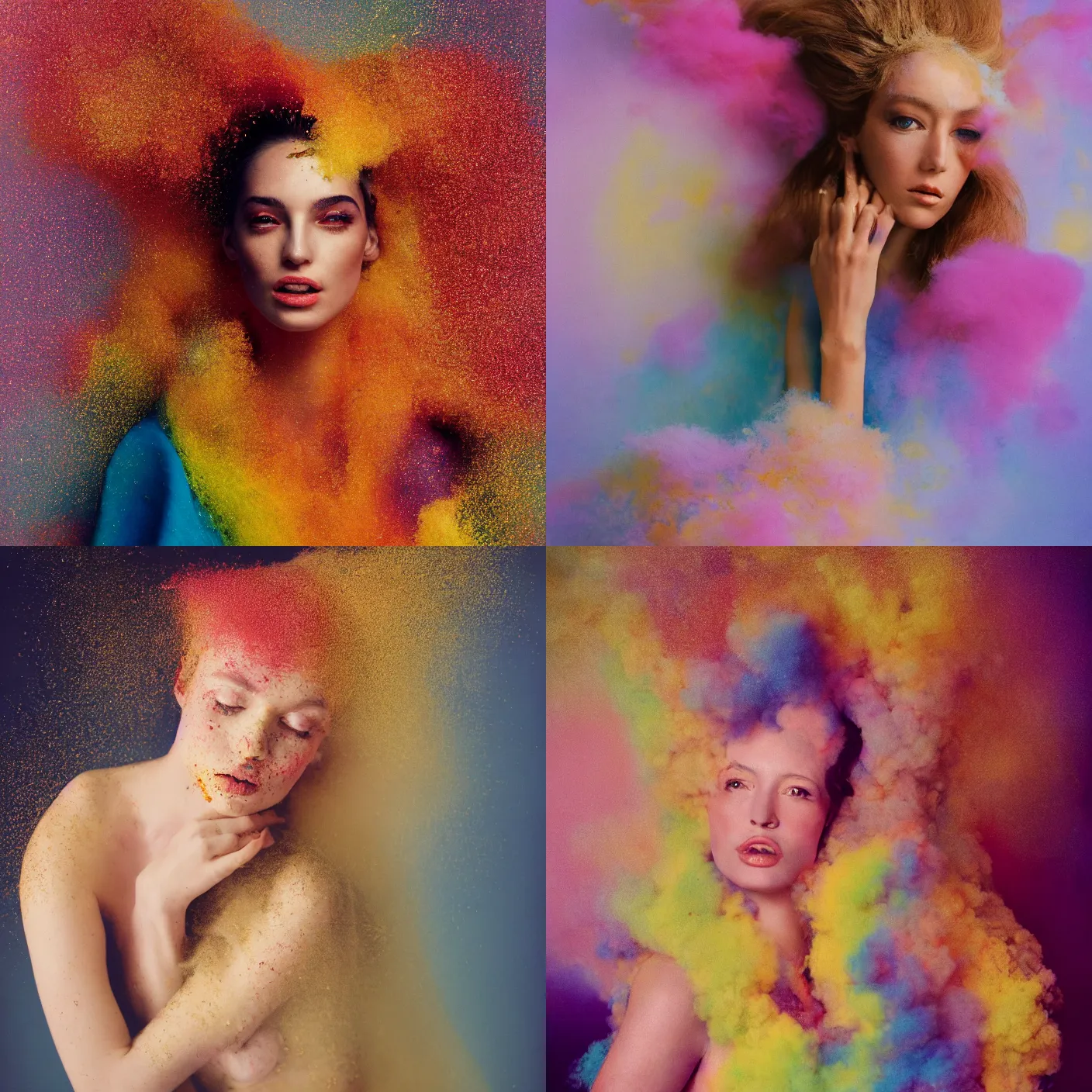 Prompt: portrait photography of a beautiful woman surrounded by colored powder explosions by maxim nikolaev and irving penn. vogue. kodak portra. ( depth of field ). golden hour. detailed. hq. realistic. muted colors. filmic. lens flare. mamiya 7 ii, f / 1. 2, symmetrical balance, in - frame