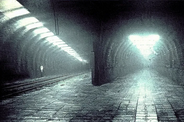 Image similar to very large giant mutant zombie irradiated ( angry rat ) staying on railways in tonnel of moscow subway. tonnel, railways, giant angry rat, furr, fangs, claws, very realistic. fog, extreme long shot, herman nitsch, giger.