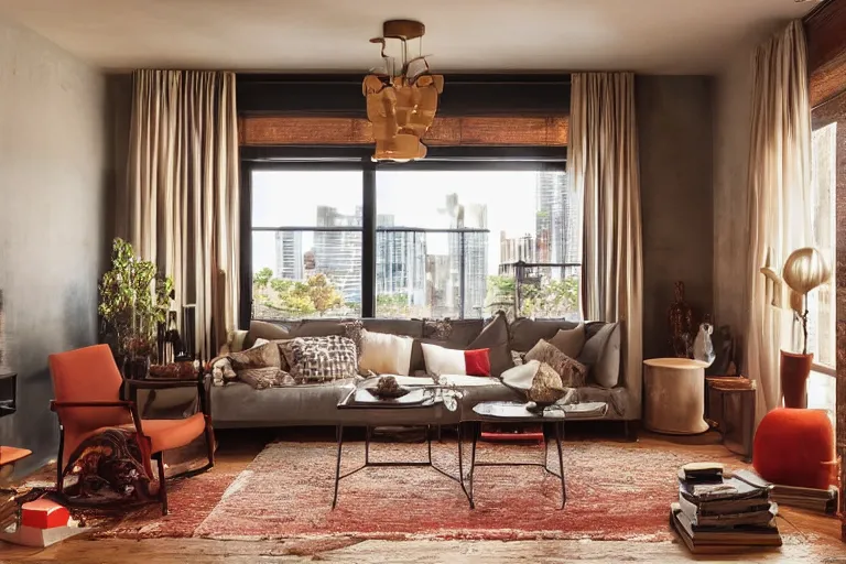 Prompt: tastefully decorated dim sunset living room with dark luxurious furnishings, and a mix of antique and modern furniture, and a mix of concrete and wood finishes, soft focus cinematic still, dark dreamy golden red sunset