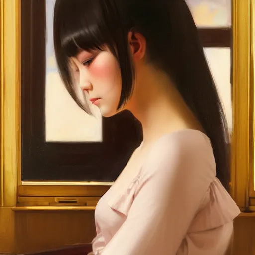 Image similar to oil painting by ilya kuvshinov,, baugh casey, rhads, coby whitmore, of a youthful japanese beauty, long hair, sitting on antique chair leaning against a desk, victorian room, highly detailed, breathtaking face, studio photography, dawn, intense subsurface scattering, blush, supple look, innocence, soft spray