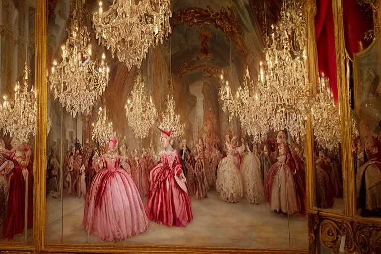 Image similar to in the versailles hall of mirrors, queen marie - antoinette dances in the foreground with her ladies - in - waiting at a venician masked ball. all high ladies are dressed in opulent robes embroidered with glittering sequins. the hall of mirrors features ornate crystal chandeliers with glowing candles and golden ornaments. photorealism red velvet curtains on the windows with night lights outside