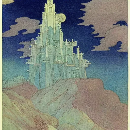 Prompt: the palace on the clouds, by edmund dulac