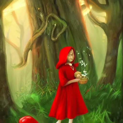 Prompt: little red riding hood is picking mushrooms in the forest digital art,oil painting,trending on artstation.