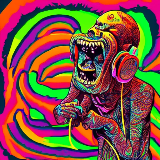 Image similar to artgerm, psychedelic laughing cronenberg friendly looking horror creature, rocking out, headphones dj rave, digital artwork, r. crumb, svg vector