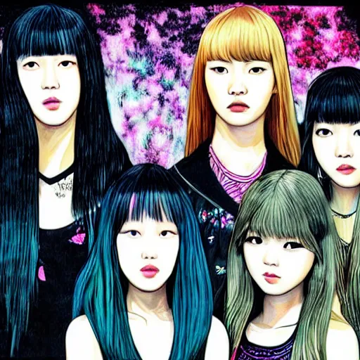 Image similar to BLACKPINK K-pop band painted in style of Juni Ito