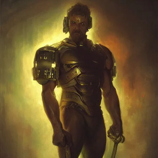Prompt: handsome portrait of a spartan guy bodybuilder posing, radiant light, caustics, war hero, ghost in the shell, surrounded by astral plane, by gaston bussiere, bayard wu, greg rutkowski, giger, maxim verehin