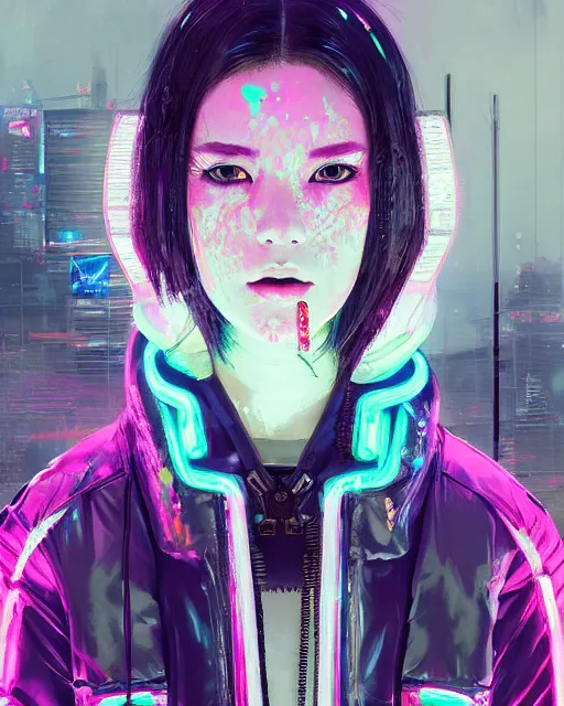 Prompt: detailed portrait Neon Operator Girl, cyberpunk futuristic neon, reflective puffy coat, decorated with traditional Japanese ornaments by Ismail inceoglu dragan bibin hans thoma greg rutkowski Alexandros Pyromallis Nekro Rene Maritte Illustrated, Perfect face, fine details, realistic shaded, fine-face, pretty face