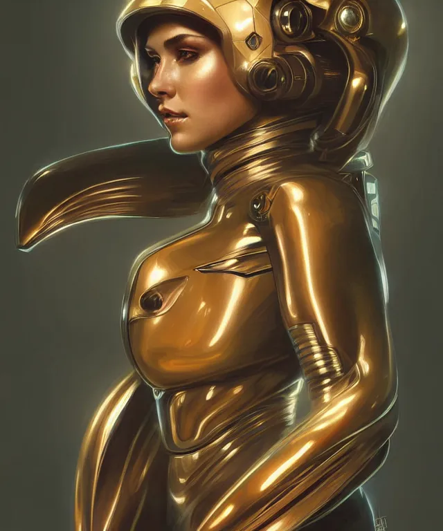 Image similar to futuristic spacesuit woman big breast portrait, sci-fi, amber eyes, face, long hair, fantasy, intricate, elegant, highly detailed, digital painting, artstation, concept art, smooth, sharp focus, illustration, art by artgerm and greg rutkowski and alphonse mucha