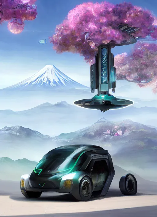 Image similar to a futuristic magical solarpunk alternate universe version of tesla cyber truck vehicle hover craft in the future of 2 0 8 9 futuristic version, dieselpunk look, intricate modular automotive parts shape, aero dynamic, digital art. trending on art station. cyberpunk look hovering by mount fuji early in the morning with a few blossom trees around, high quality photo