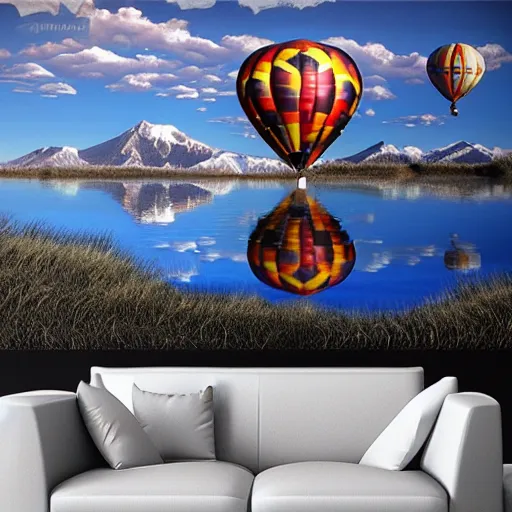 Image similar to realistic extremely detailed photo of a hot air balloon flying above a beautiful reflective mountain lake, two black swans swimming in the lake, touching heads, forming a heart with their necks, granular detail, oil on canvas, intricate, portrait, 8k highly professionally detailed, HDR, CGsociety, octane render, 4k, f32,55mm photography, wide angle