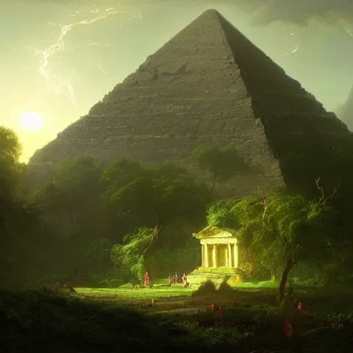 Image similar to ancient pyramid, overgrown undergrowth vegitation, dark volumentric ambient lighting, painting by thomas cole and greg rutkowski