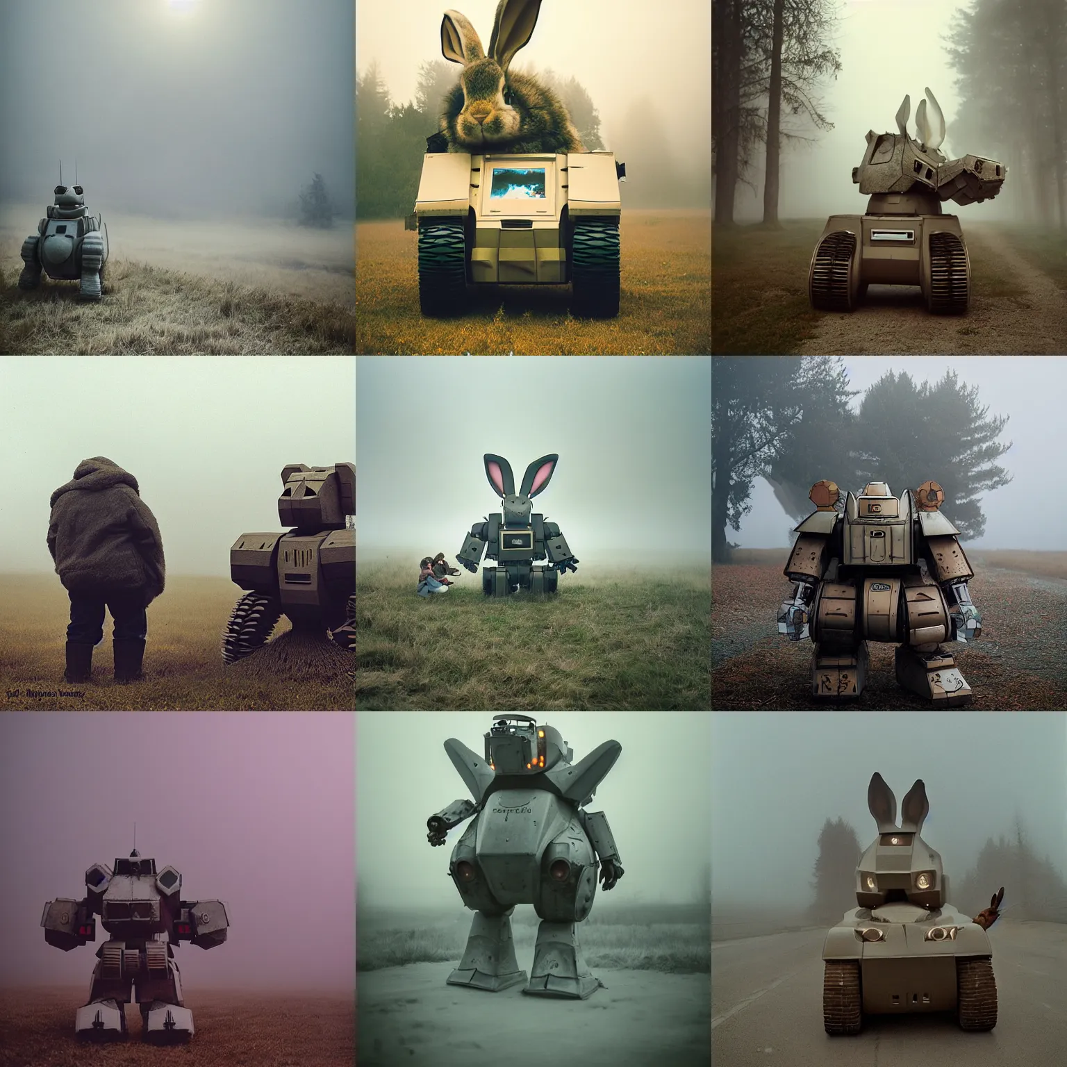 Prompt: giant oversized chubby battle armored rabbit robot mech, with big rabbit ears ,on a foggy rura vilage , Cinematic focus, Polaroid photo, vintage, neutral colors, soft lights, foggy, panorama by Steve Hanks, by Serov Valentin, by lisa yuskavage, by Andrei Tarkovsky