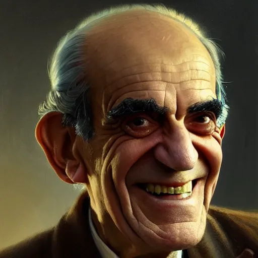 Prompt: portrait painting of abe vigoda, bright and energetic, with a sweet smile and floofy hair, render cinematic lighting art 1 9 2 0 period drama by bussiere rutkowski andreas rocha