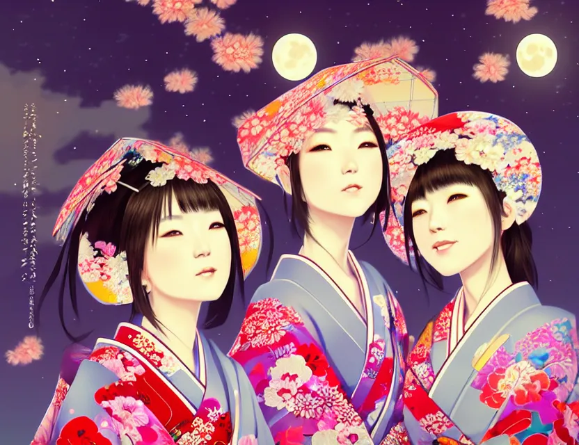 Image similar to two beautiful charming japan girls wear arty kimono in festival | | sunny night, full moon, dreamlike art, realistic shaded, smile, good looking, hyper details, 4 k realistic, cryengine, realistic shaded lighting poster by ilya kuvshinov, fuji choko, ross tran, 8 k resolution, trending on artstation, luxury