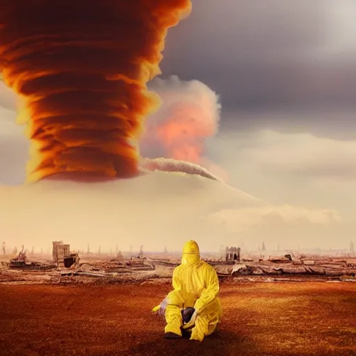 Image similar to a beautiful award-winning photo of the last man on Earth wearing a hazmat suit, sitting, serene idyllic post-nuclear background with a mushroom cloud on the horizon, a mirage of a skyline of a destroyed city, numerous fires, volumetric lighting, very high quality, extremely detailed, subtle visual noise, 8K