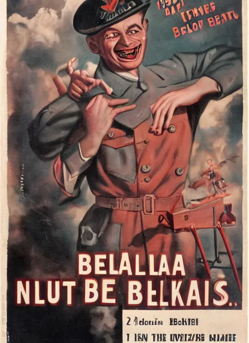 Prompt: creepy Nikolai Belinski with a scary comically large smile, 1940s scare tactic propaganda art