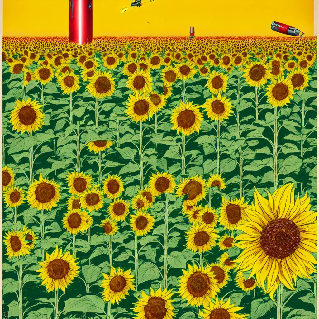 Prompt: A Communist Propaganda Poster of a sunflower field with a large missile in the center of the image.