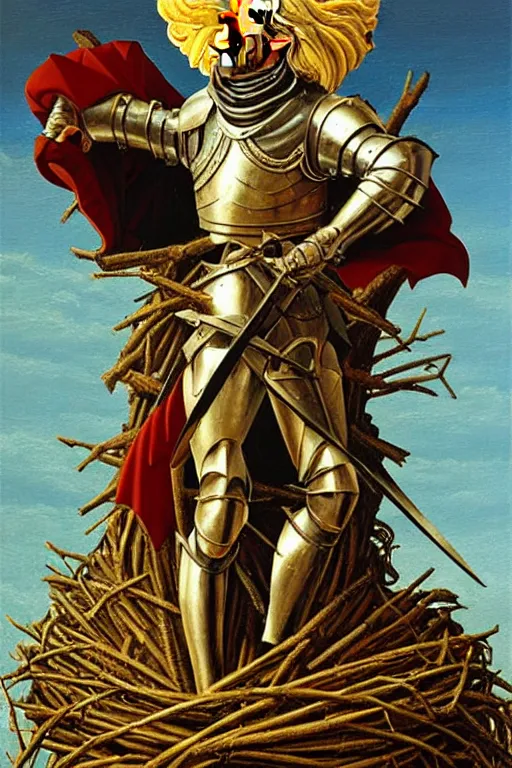 Prompt: classic oil painting, a medieval fantasy knight standing on a big empty bird nest, as a dnd character, surrounded by broken egg shells, cottagecore, highly detailed, digital illustration, concept art, smooth, sharp focus, art by sandro botticelli, and tim hildebrandt