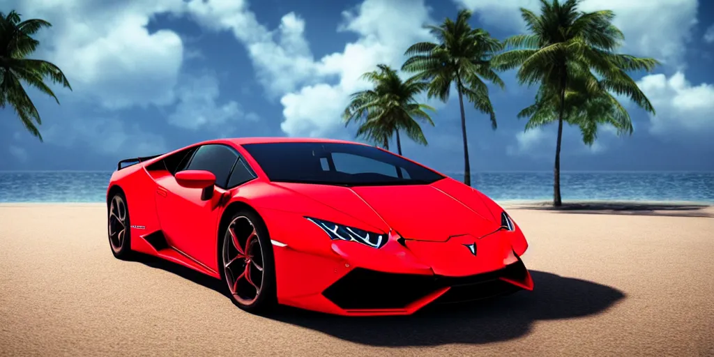 Image similar to red Lamborghini huracan!, unreal engine 5!, hyperrealistic!, cinema 4D!, dynamic lighting! Beach! Tropical paradise!, cinematic landscape!, studio landscape! Amazing ultra quality!