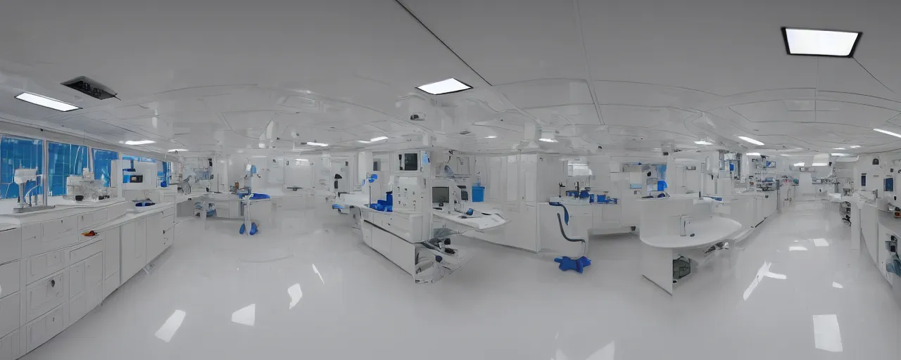 Prompt: Film still of a brightly lit white science lab on a space ship, white plastic, neutral lighting, water dripping, puddles, wet floor, Cinestill colour cinematography, anamorphic