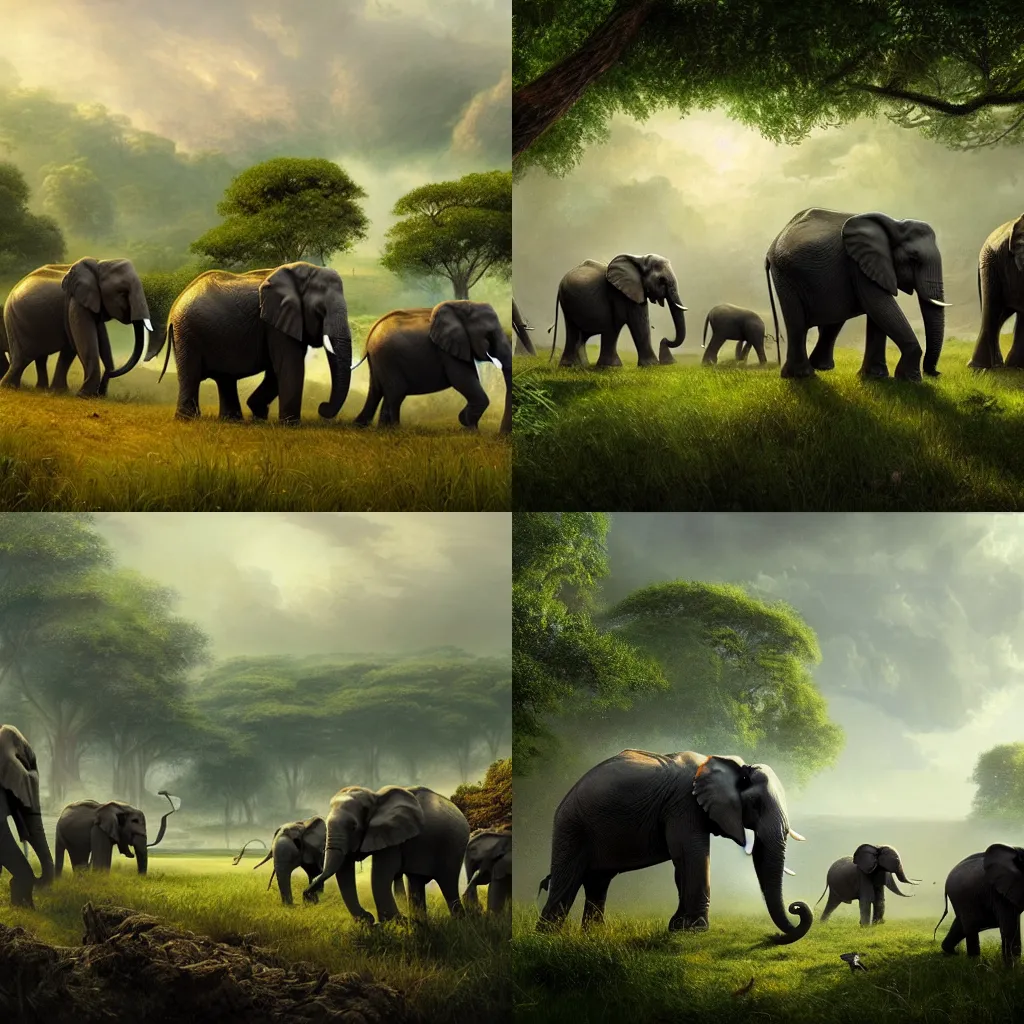 Prompt: a group of elephants walking across a lush green field, a detailed matte painting by raymond swanland, cgsociety, primitivism, matte painting, matte drawing, reimagined by industrial light and magic