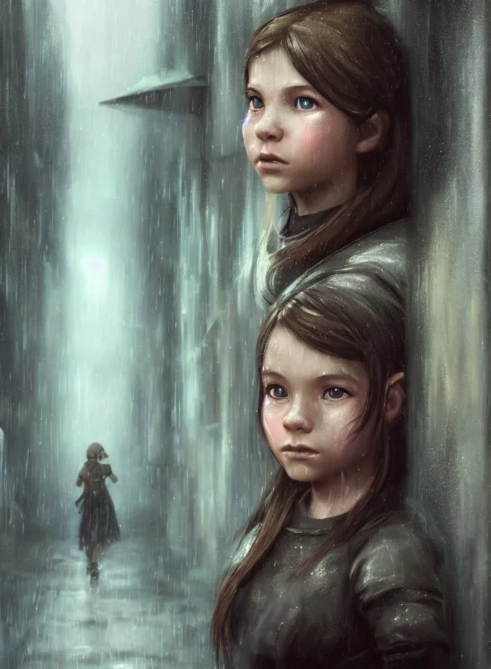 Image similar to a closeup portrait of an young girl from skyrim standing in an alleyway whilst raining, fantasy setting, city environment, serene colors, soft lighting, atmospheric, cinematic, moody, in the style of diego koi, gina heyer, luiz escanuela, art by alyssa monk, depth, hyperrealism, rule of thirds, golden ratio, oil on canvas, 8 k