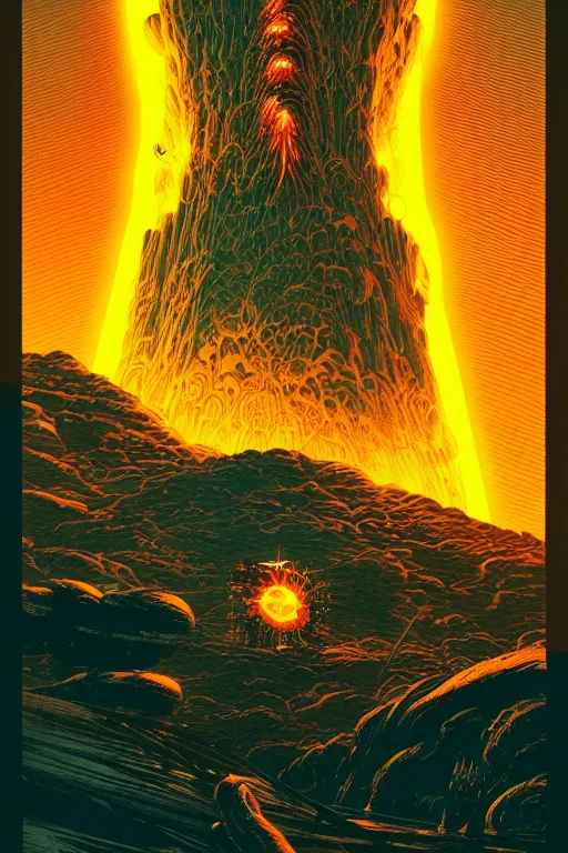 Image similar to artwork by kilian eng and toshi yoshida and franklin booth showing a futuristic powerstation!! in front of a ( ( exploding volcano ) ), vintage scifi, high details, dramatic lightning,, 8 k