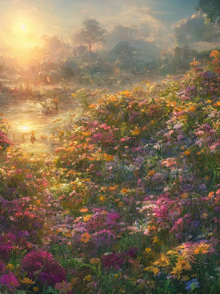 Image similar to a dream flower garden near a seaside harbor environment where one draws mystical energy into their lives, background art, pristine concept art, small, medium and large design elements, golden hour, in the style of WLOP and Ross Tran