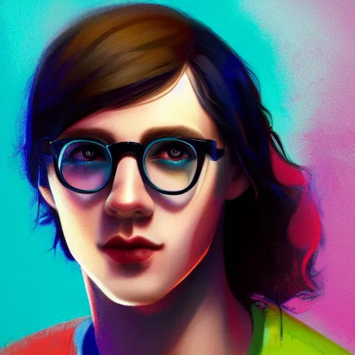 Prompt: colorful and Festive Captivating young man with long monalisa like black hair, round glasses, white t-shirt, smiling, innocent look. rich vivid colors, ambient lighting, dynamic lighting, 4k, atmospheric lighting, painted, intricate, highly detailed by Charlie Bowater