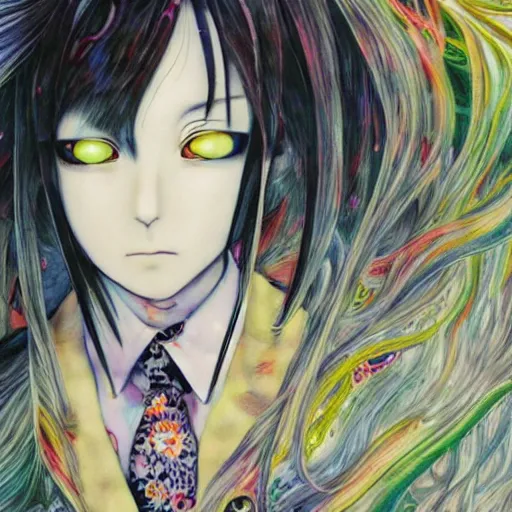 Image similar to yoshitaka amano realistic illustration of an anime girl with black eyes and long wavy white hair wearing dress suit with tie and surrounded by abstract junji ito style patterns in the background, blurry and dreamy illustration, 1 9 9 0 s anime color palette, noisy film grain effect, highly detailed, oil painting with expressive brush strokes, weird portrait angle