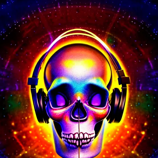 Image similar to portrait of a fantasycore glitchcore deformed skull wearing headphones. intricate abstract. intricate artwork. celestial. prismatic, by josephine wall, pixar, ghibli. octane render, CGSociety very coherent symmetrical artwork. cinematic, hyper realism, high detail, octane render, 8k, holographic accents