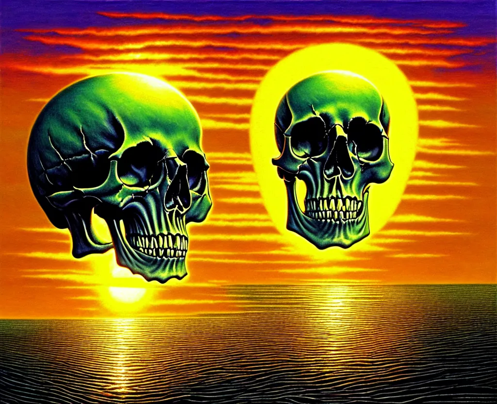 Image similar to a skull that is the sun rising just above the horizon over the sea by dan mumford and vladimir kush and donato giancola and ted withers and peter driben and brom and roberto ferri, green water, synthwave, retrowave, highly detailed, high contrast, intricate details, blended palette