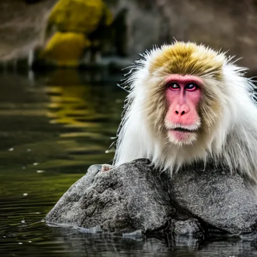 Prompt: An enlightened Japanese Snow Monkey during heavy though in a hot spring