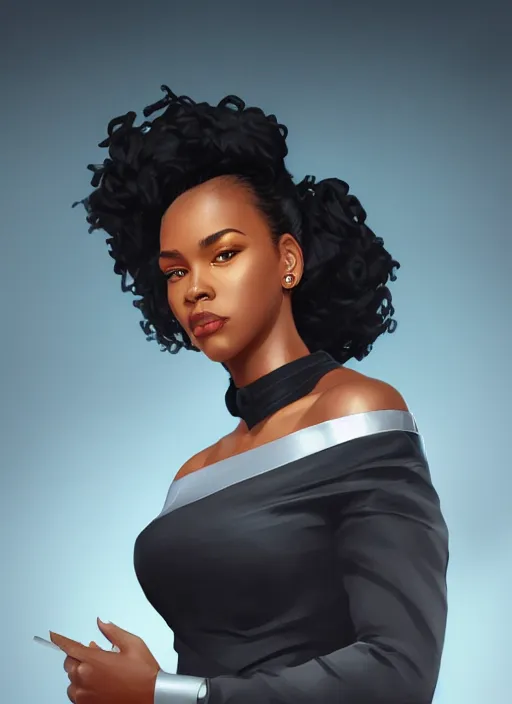 Image similar to detailed digital painting of beautiful black woman in corporate attire with natural hair on a white background, fanart behance trending on artstation, concept art, matte, sharp focus, illustration, super hero pose, hearthstone, art by artgerm and greg rutkowski and alphonse mucha